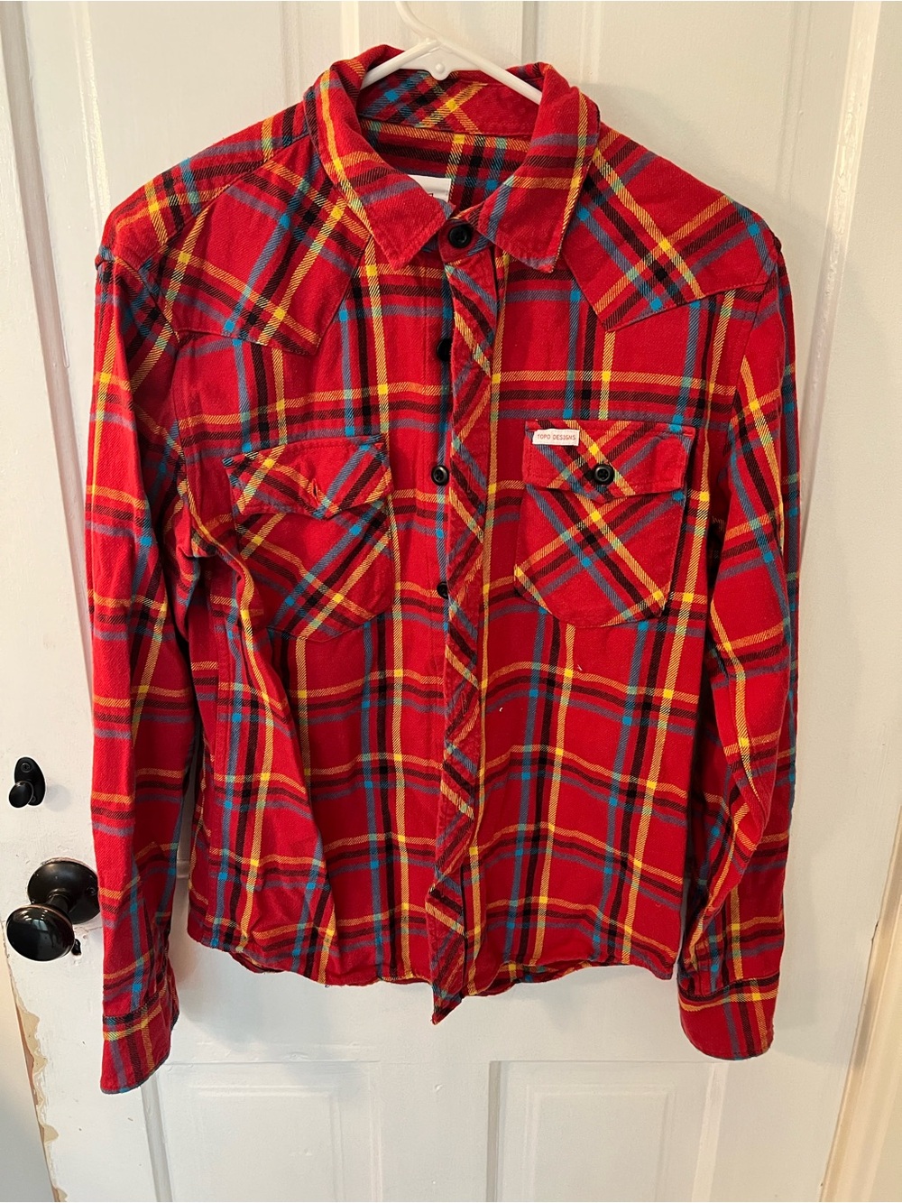 Topo Designs Red Plaid Shirt with Yellow and Blue Stripes